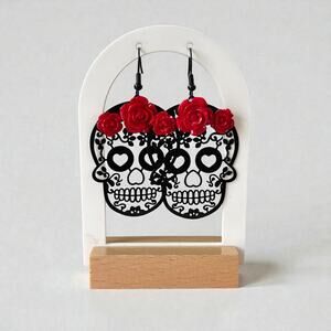 Red Roses Skull Head Drop Earrings